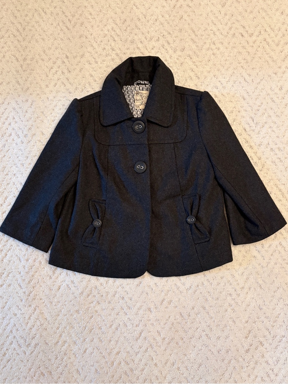 Tulle Anthropologie Wool Cropped Swing Coat Size Small Charcoal Grey Bow Detail